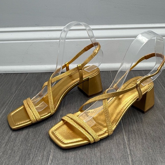 SEZANE PERNILLE SANDALS GOLD 37 6.5 Strappy Block Heel Square Toe Metallic Shoes - Picture 7 of 16